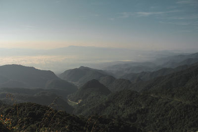 Scenic view of mountains against sky during sunset