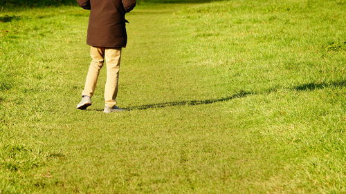 Low section of man standing on grass