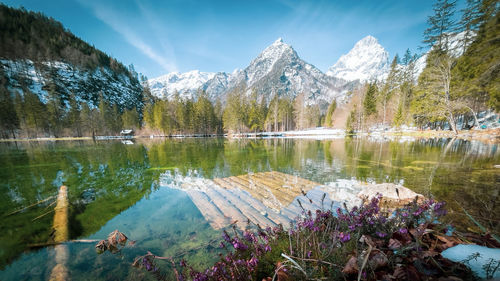 Scenic view of lake and snowcapped mountains against sky