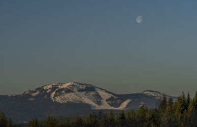 Scenic view of snowcapped mountains against clear sky at night