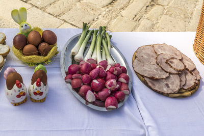 High angle view of fruits in plate on table
