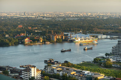 High angle view of city at sea