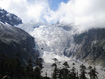 Scenic view of snow covered mountains against sky