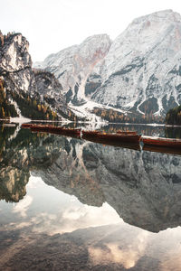 Scenic view of lake by snowcapped mountains against clear sky