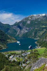 Scenic view of lake by mountains against sky