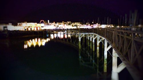 Panoramic shot of illuminated lights in water at night