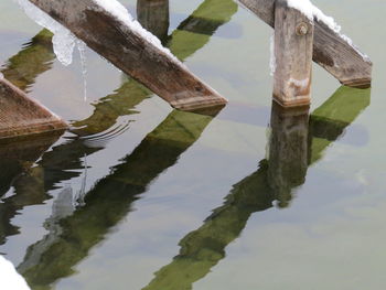 Close-up of wooden posts in lake against sky