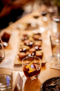 Close-up of beer glass on table