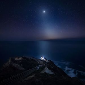 Aerial view of cliff by sea against sky at night
