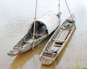 High angle view of boats moored in lake