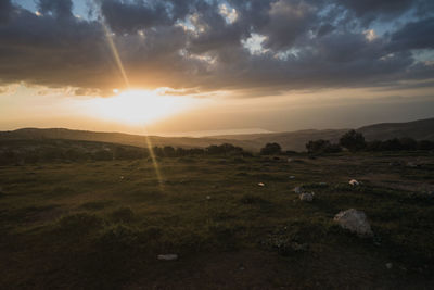 Scenic view of field against sky during sunset