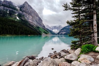 Scenic view of lake and mountains against sky