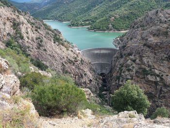 High angle view of dam by river