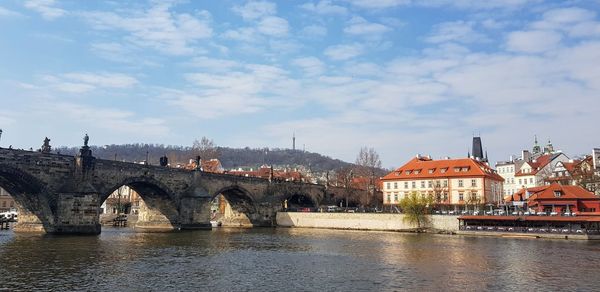 Bridge over river against buildings in city