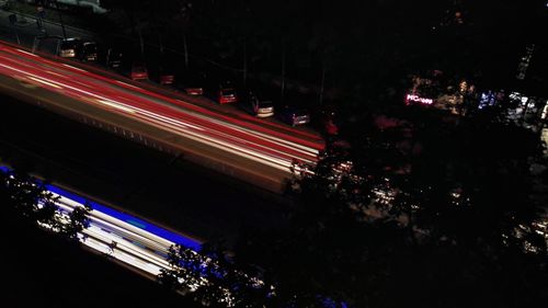 High angle view of light trails at night