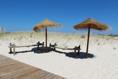 Panoramic view of people on beach against clear sky