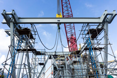 Low angle view of cranes against sky