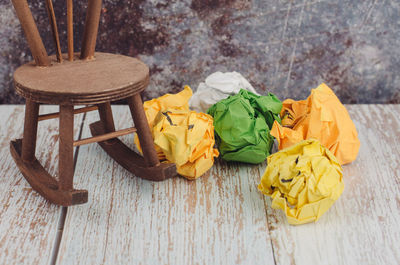 High angle view of yellow paper on table