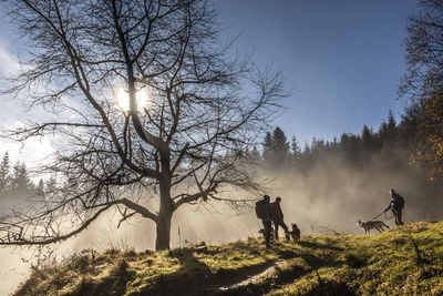 People by bare trees against sky