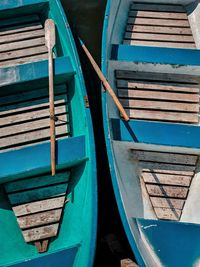 High angle view of boats moored in water