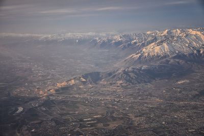 High angle view of dramatic landscape against sky