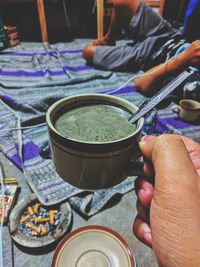 High angle view of person preparing food