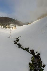 Scenic view of snow covered land against sky