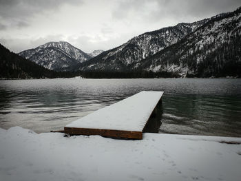 Scenic view of lake by snowcapped mountains against sky