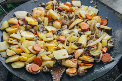 High angle view of vegetables in cooking pan