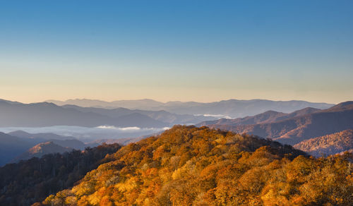 Scenic view of mountains against sky during sunset