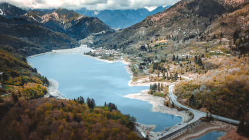 Barcis lake in a panoramic aerial view at valcellina-pordenone,place to visit on dolomites