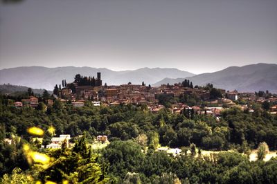 Houses in town against clear sky