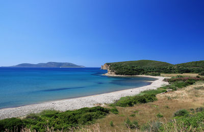 Scenic view of sea against clear blue sky