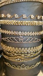 High angle view of carvings on table