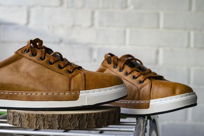 Brown leather sneakers. youth fashion concept.