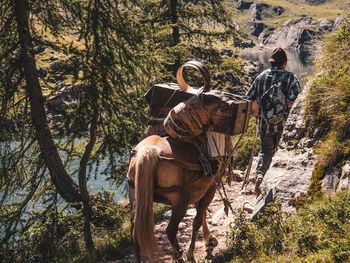 Man walking to home whit his horse after a day of work