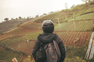 Rear view of man standing against agricultural field