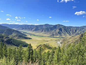 Panoramic view of the mountain plateau and the the road winds along it in altai, russia