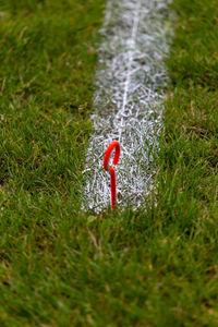 High angle view of cross on field