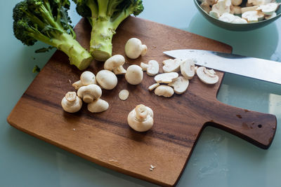 High angle view of chopped vegetables on cutting board