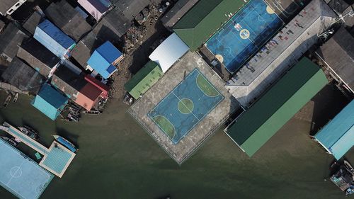 High angle view of modern buildings