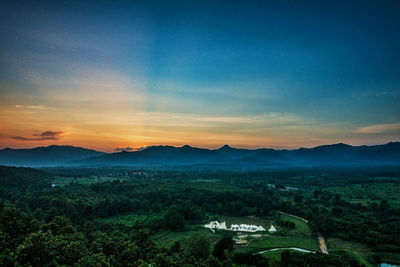 High angle view of landscape against sky during sunset