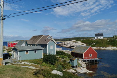 Houses by buildings against sky in city