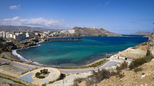 High angle view of beach against blue sky