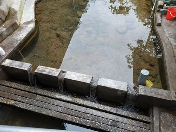 High angle view of abandoned boat in lake