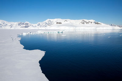 Scenic view of sea and snowcapped mountains against clear blue sky