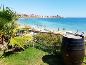 Scenic view of sea against clear blue sky