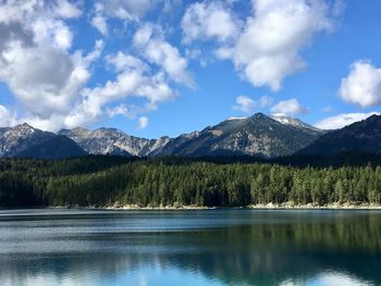 Scenic view of lake by mountains against sky