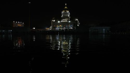 Reflection of buildings in water at night