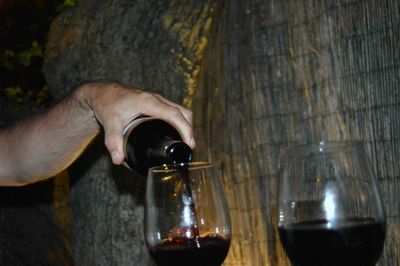 Midsection of person pouring wine in glass